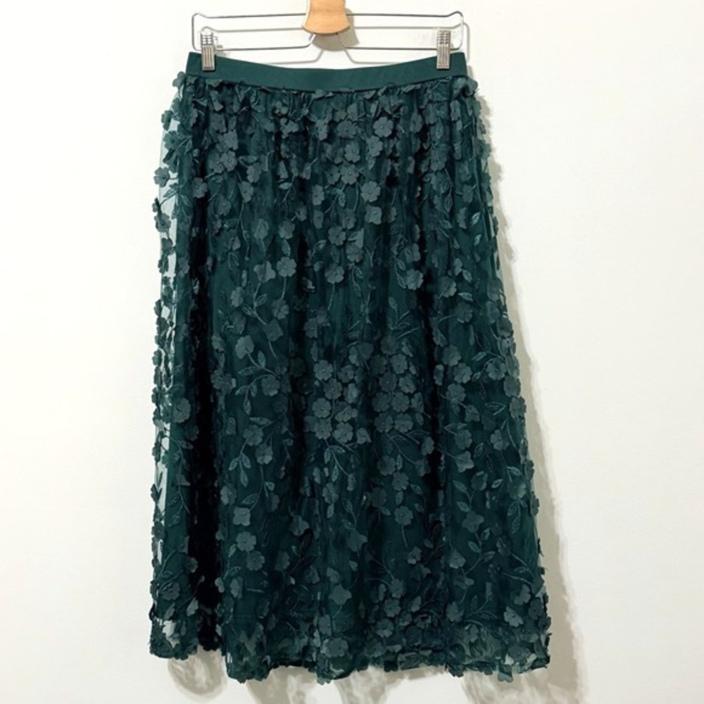 Lena Skirt L Evergreen Floral‎ Applique Midi St Patricks Day Holiday Party NEW